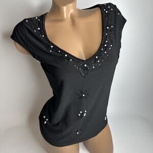 Whimsigoth Black Beaded Pearl Top M Romantic Witchy Y2K Glam Goth Fairycore